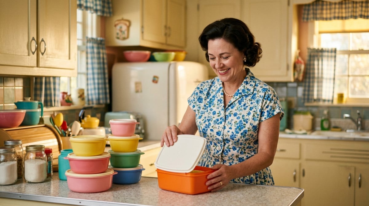 Femme ouvrant une boîte Tupperware dans une cuisine vintage