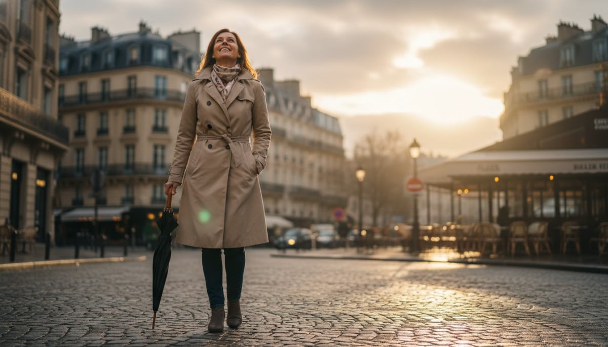 Femme parisienne sous les nuages avec éclaircie samedi 9 mai