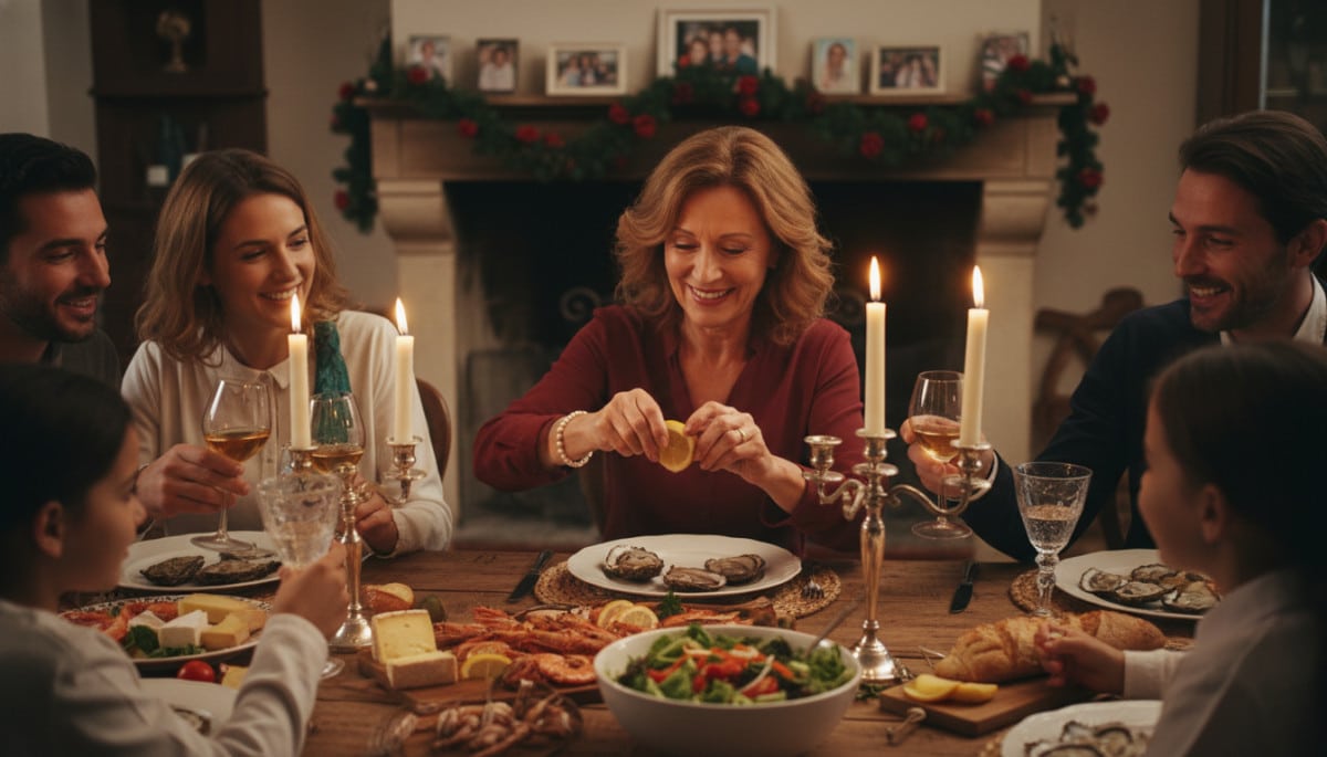 Femme pressant un citron sur une huître lors d'un repas festif