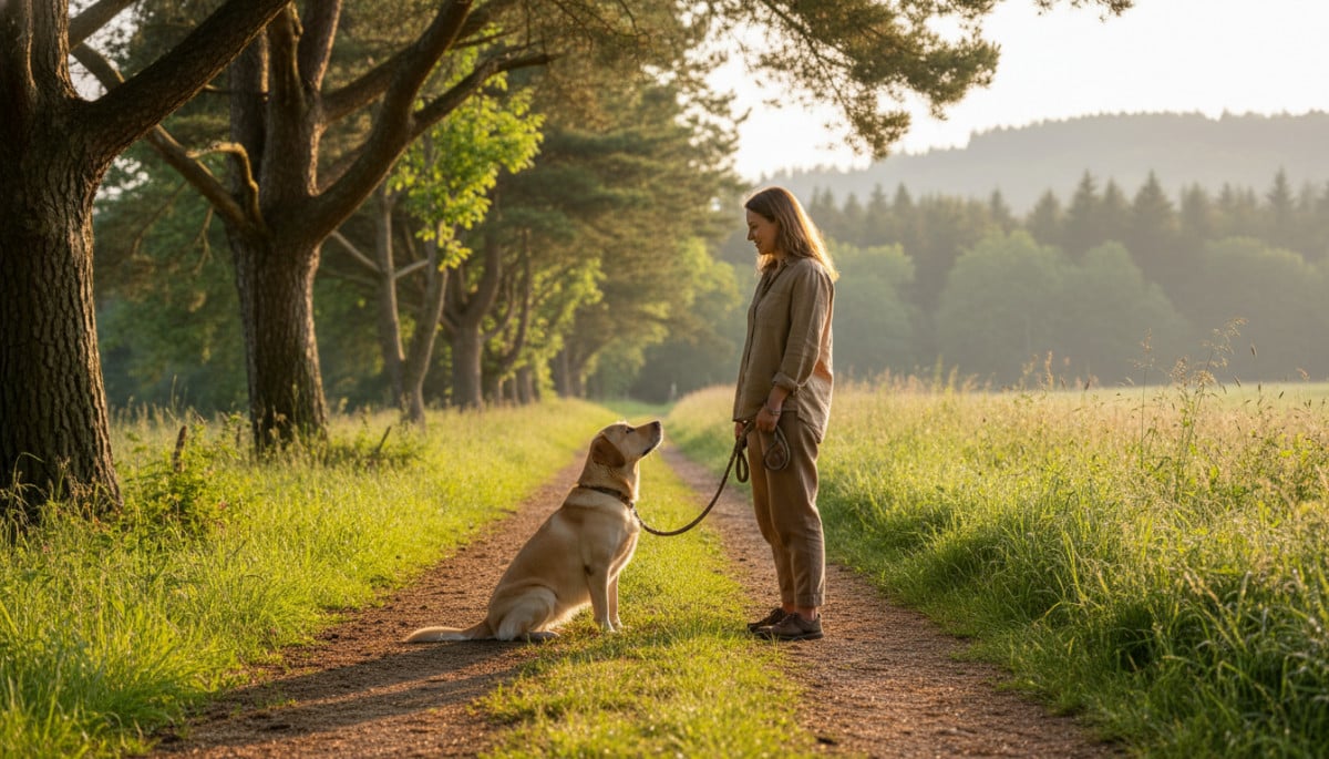 Femme promenant son chien avec contact visuel calme