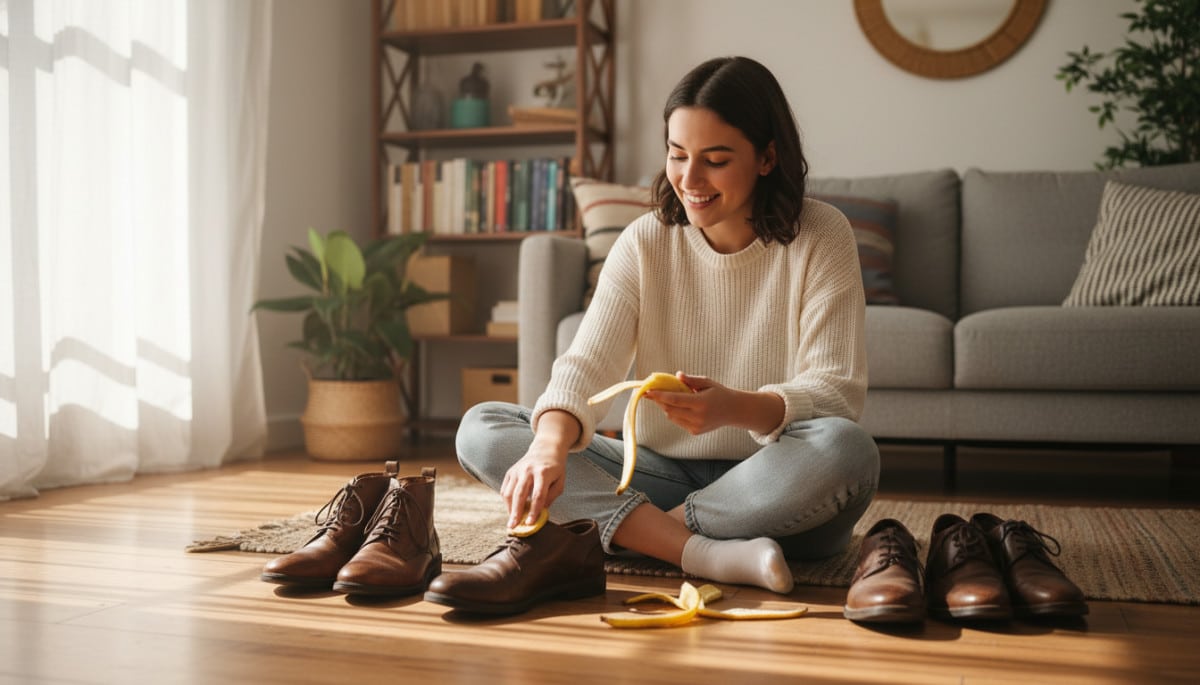 Femme qui entretient ses chaussures avec une peau de banane