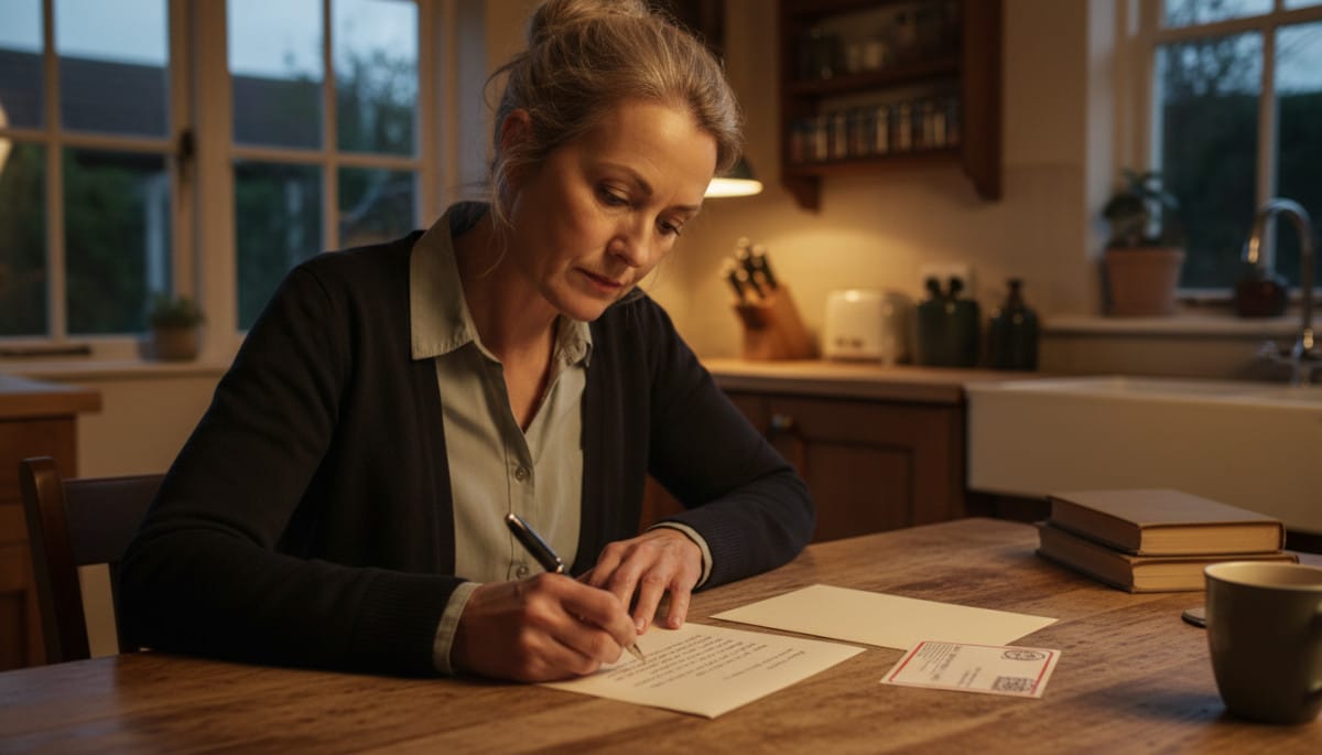 Femme rédigeant une lettre de contestation recommandée