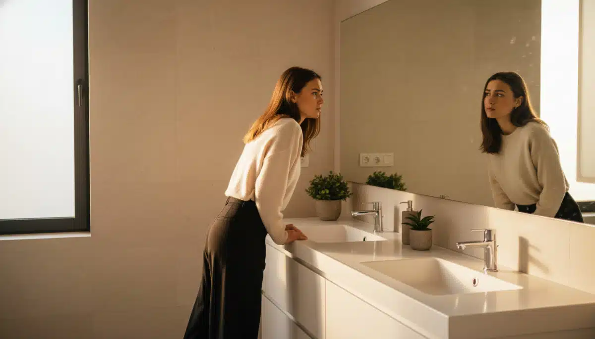 Femme regardant son reflet dans un miroir avec curiosité