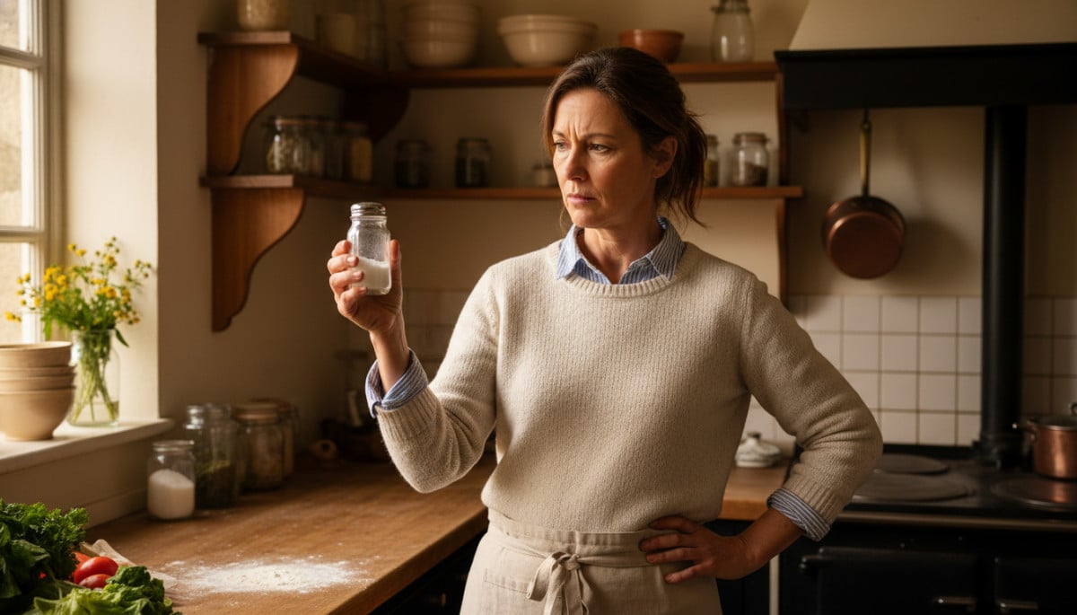 Femme regardant une salière avec scepticisme dans une cuisine