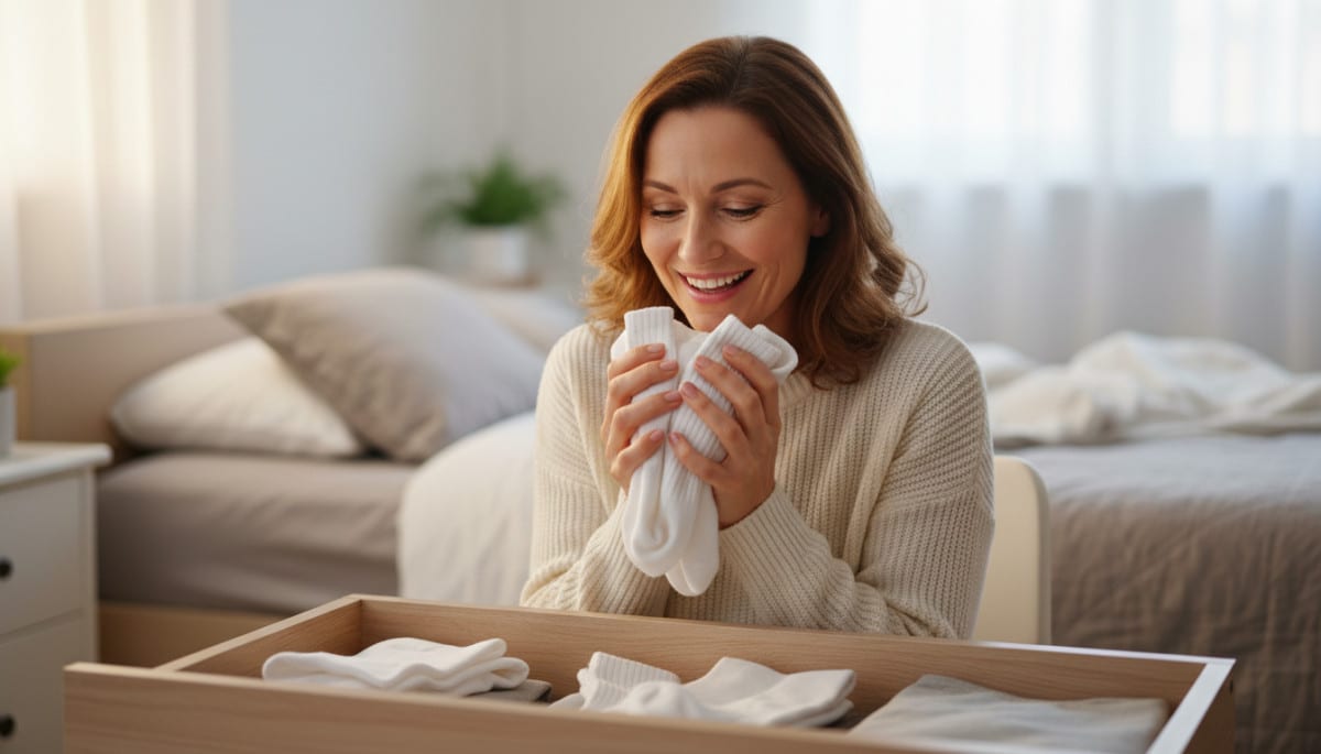 Femme satisfaite sentant ses chaussettes rangées proprement