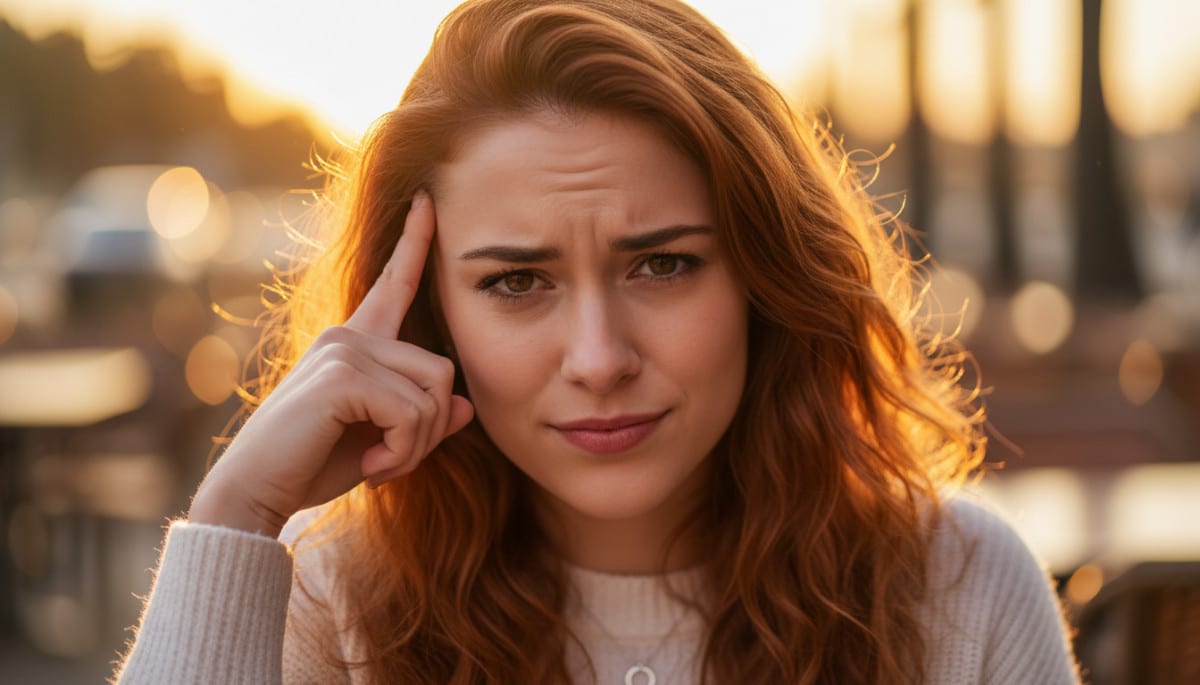 Femme sceptique se touchant la tempe d'un air interrogateur