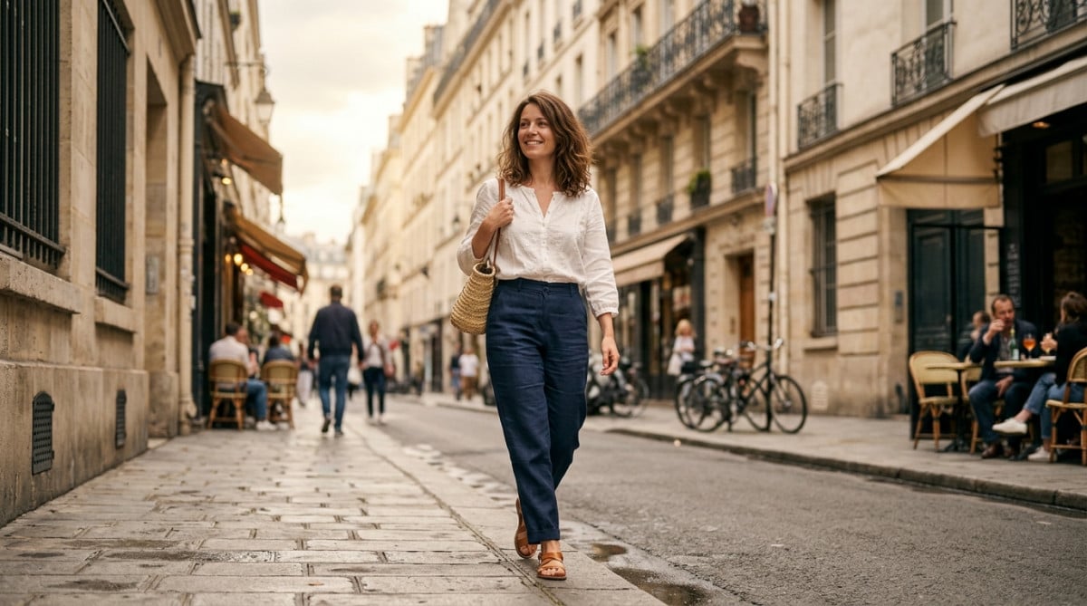 Femme se promenant sous un ciel couvert de mai