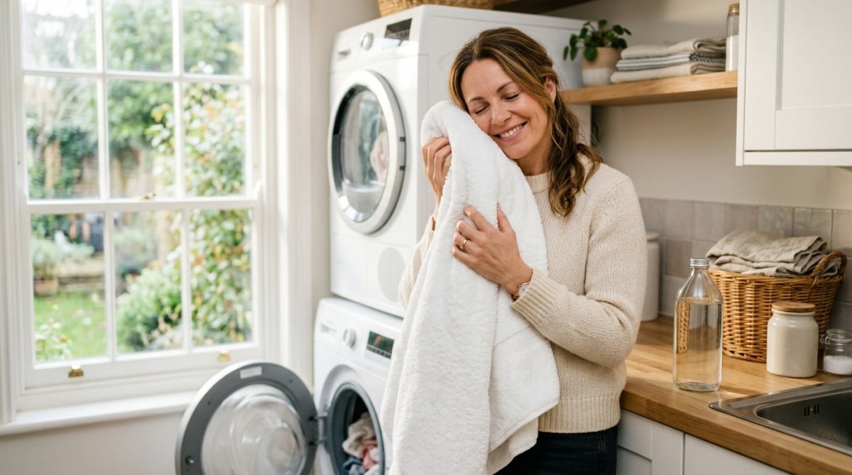 Femme sentant une serviette douce sortie de la machine