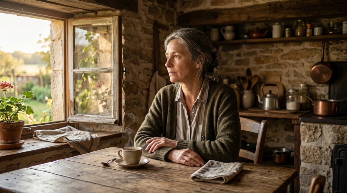 Femme seule dans une cuisine rurale en France