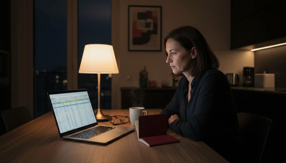 Femme seule vérifie ses économies la nuit