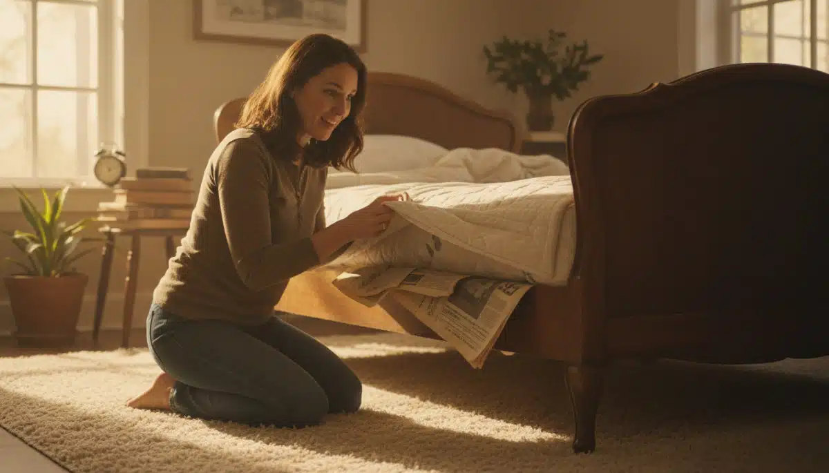 Femme soulevant un matelas avec des journaux dessous