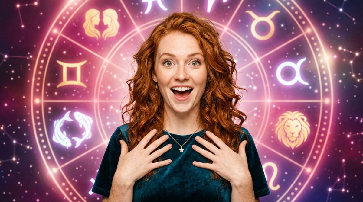 Femme souriante baignée de lumière céleste dorée sous un ciel étoilé pour l'horoscope du 17 mai 2026
