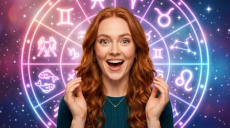 Femme souriante baignée de lumière cosmique dorée sous un ciel étoilé pour l'horoscope du 22 mai 2026