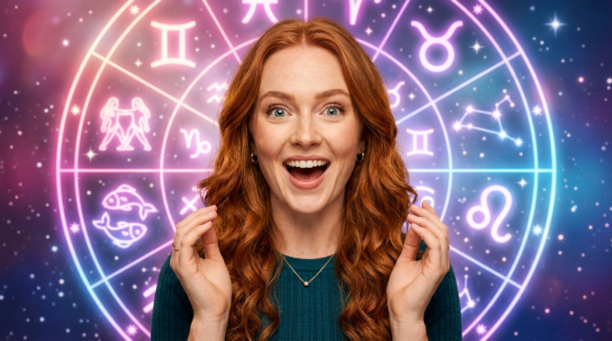 Femme souriante baignée de lumière cosmique dorée sous un ciel étoilé pour l'horoscope du 22 mai 2026