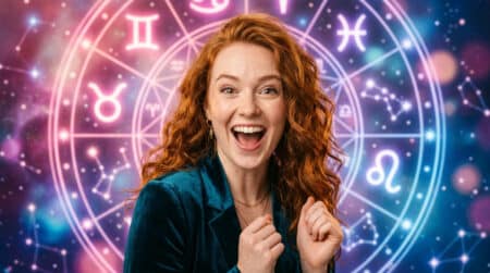 Femme souriante dans une ambiance mystique dorée entourée de constellations pour l'horoscope du 15 mai 2026