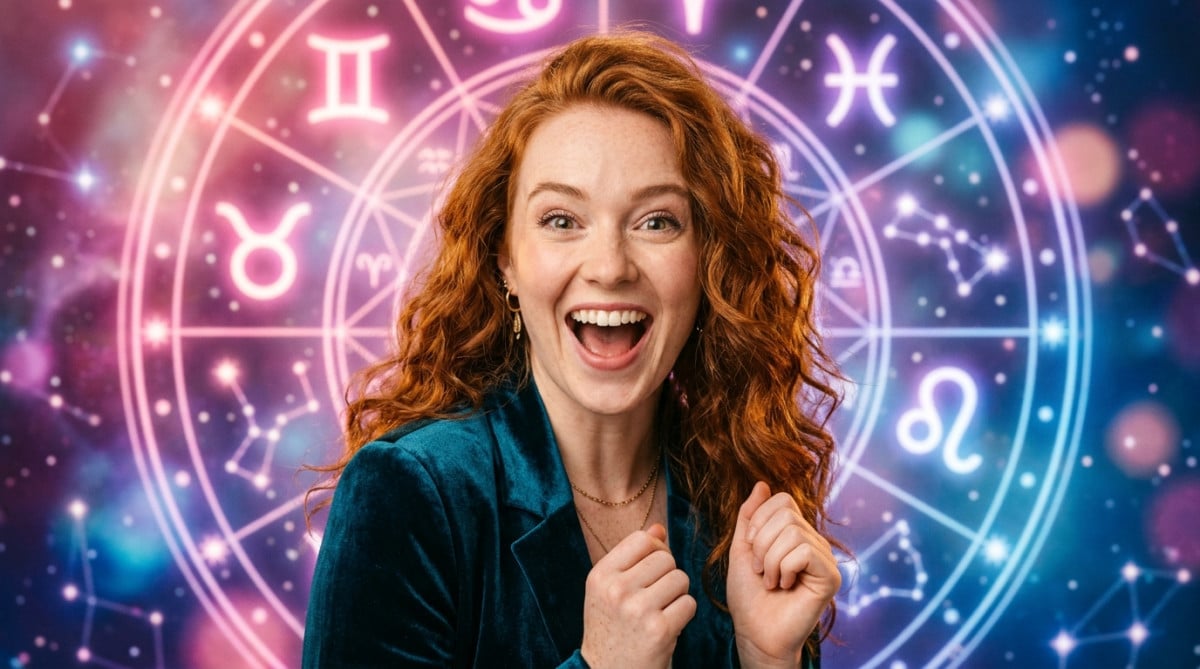 Femme souriante dans une ambiance mystique dorée entourée de constellations pour l'horoscope du 15 mai 2026
