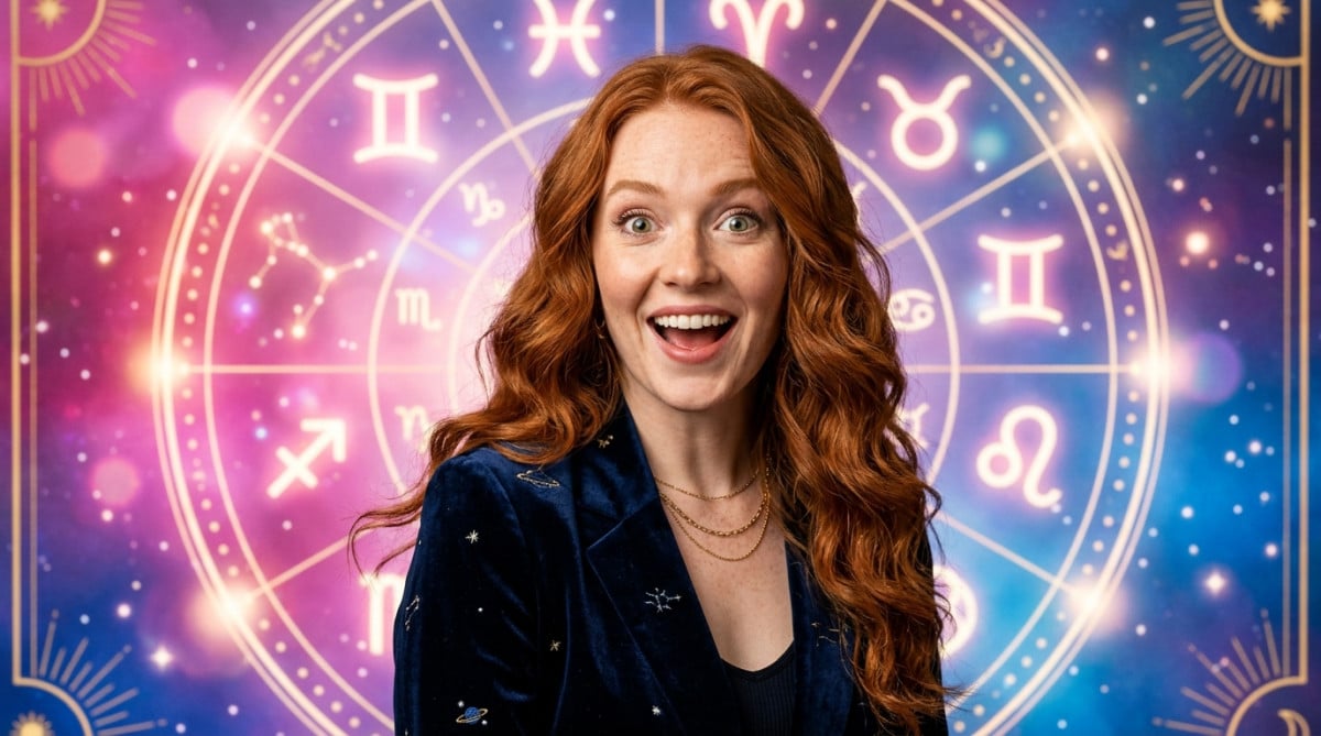 Femme souriante entourée de constellations du zodiaque dans une ambiance mystique dorée pour l'horoscope du 23 mai 2026