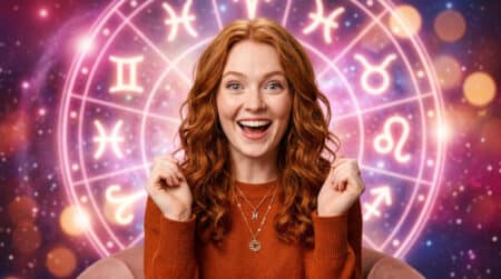 Femme souriante les yeux fermés sous un ciel étoilé mystique aux tons dorés pour l'horoscope du 27 mai 2026