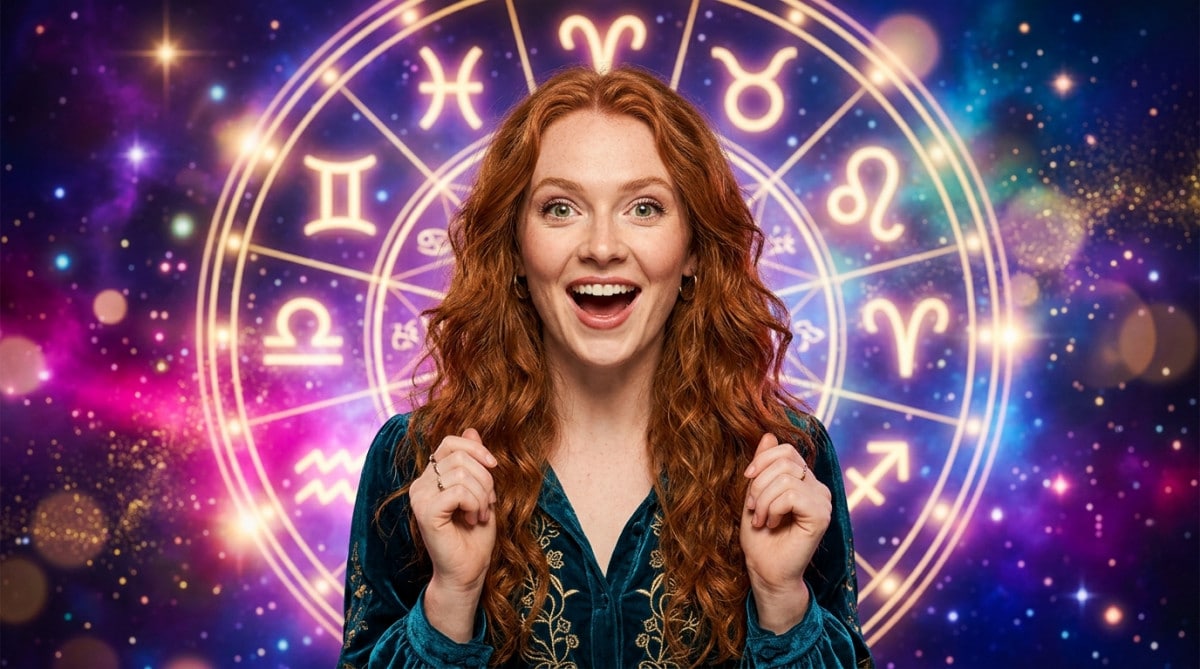 Femme souriante méditant sur un toit au coucher du soleil entourée de constellations lumineuses pour l'horoscope du 1er juin 2026