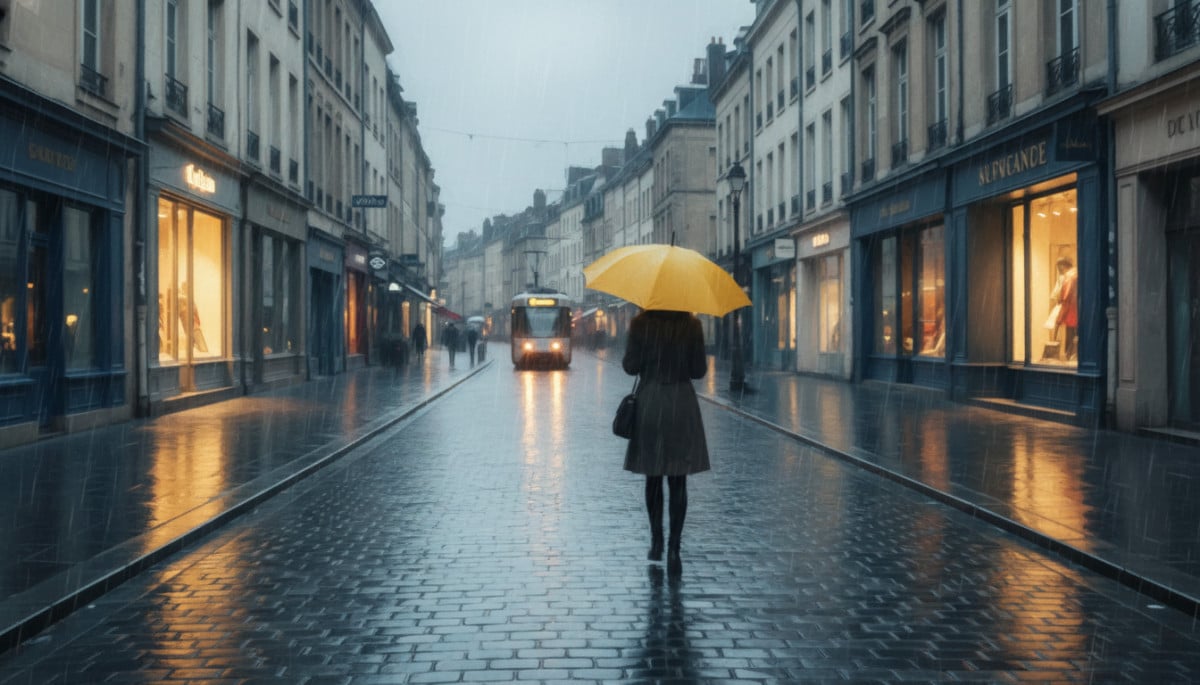 Femme sous la pluie avec parapluie jaune à Lille