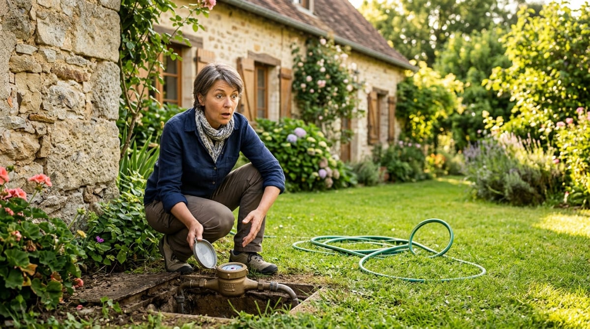 Femme surprise devant son compteur d'eau dans un jardin