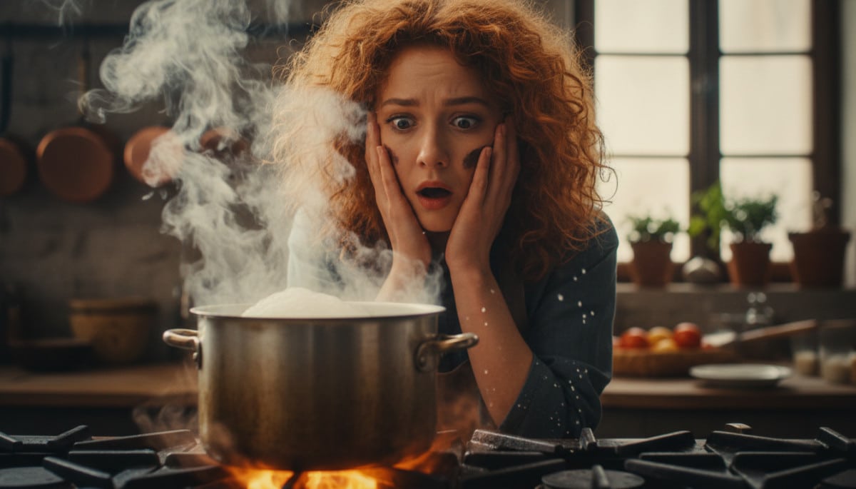 Femme surprise devant une casserole d'eau bouillante