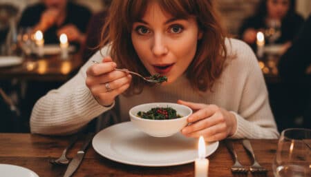 Femme surprise en train de goûter un plat au restaurant