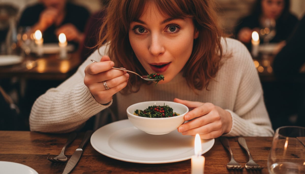 Femme surprise en train de goûter un plat au restaurant