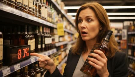 Femme surprise par le prix d'une bouteille de whisky en supermarché
