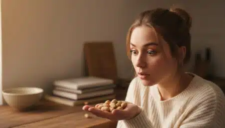 Femme surprise tenant des cacahuètes dans la main