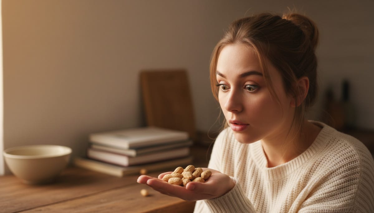 Femme surprise tenant des cacahuètes dans la main