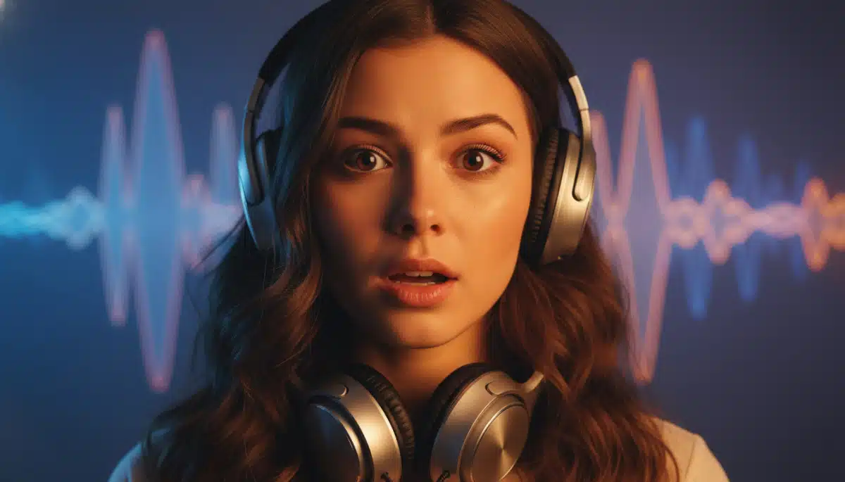 Femme surprise tenant des écouteurs, ondes sonores en fond