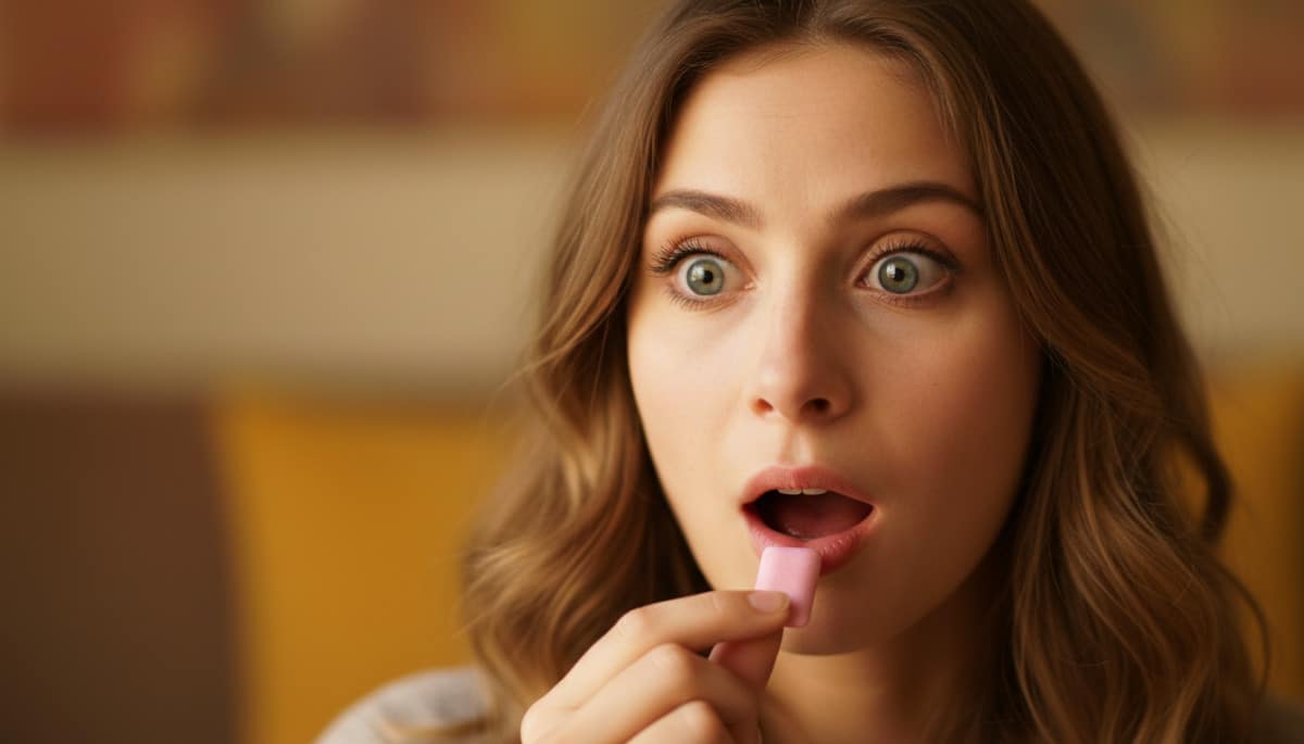 Femme surprise tenant un chewing-gum entre les doigts