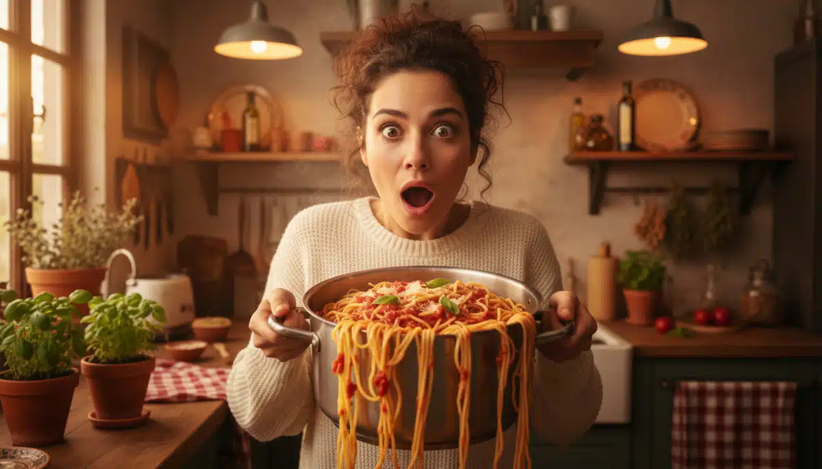 Femme surprise tenant une casserole de spaghettis