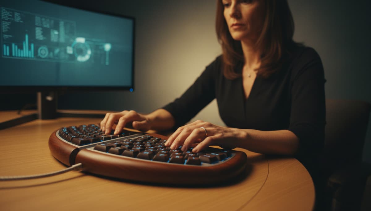 Femme tapant sur un clavier alternatif ergonomique