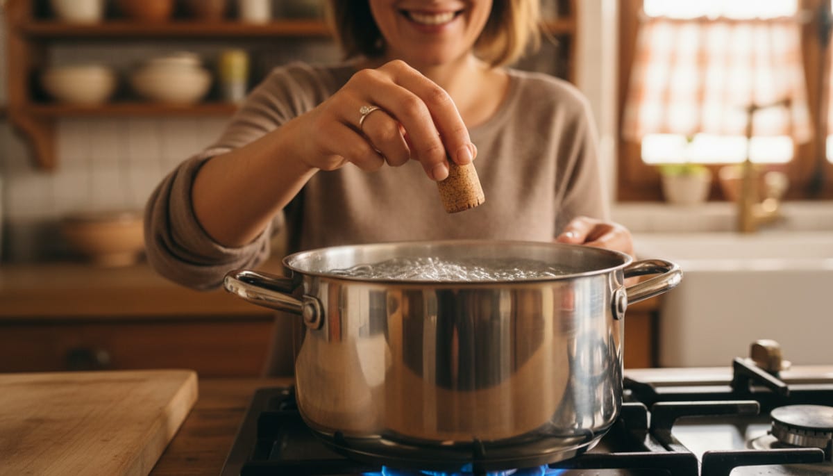 femme tenant un bouchon de liège au-dessus d'une casserole