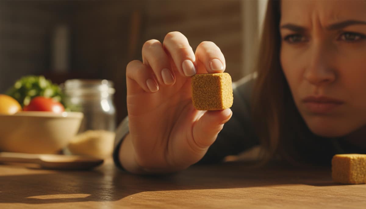Femme tenant un bouillon cube Knorr dans la cuisine