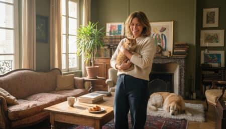 Femme tenant un chat dans un salon français chaleureux