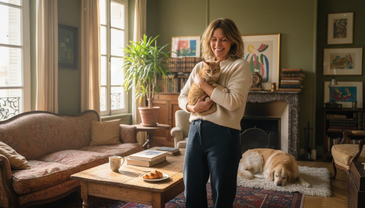 Femme tenant un chat dans un salon français chaleureux