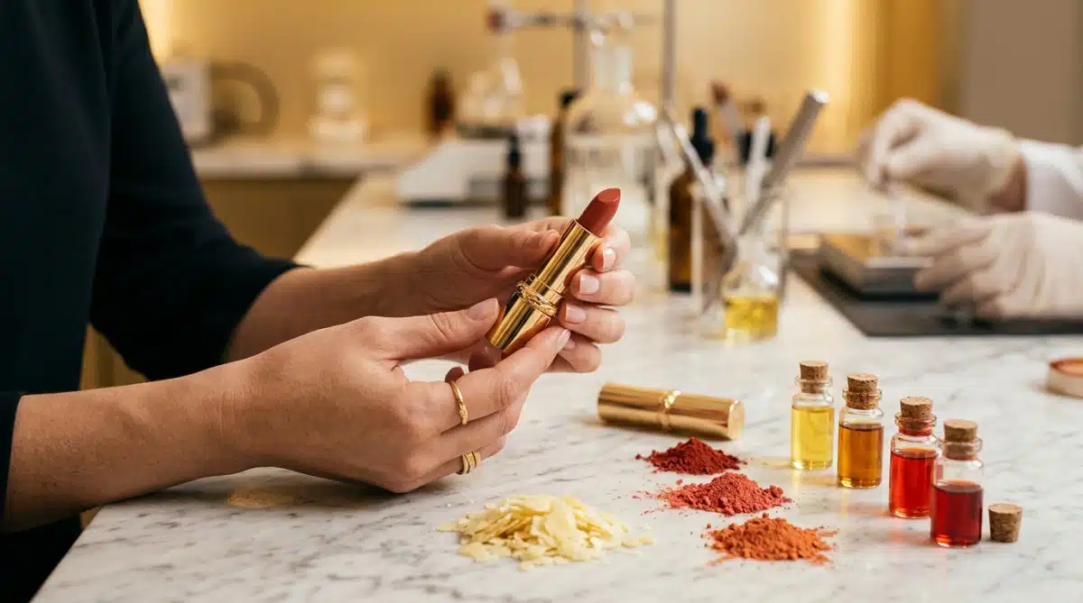 Femme tenant un rouge à lèvres devant des matières premières cosmétiques