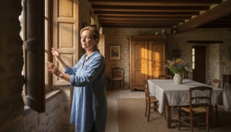 femme touchant volets intérieurs bois maison ancienne française