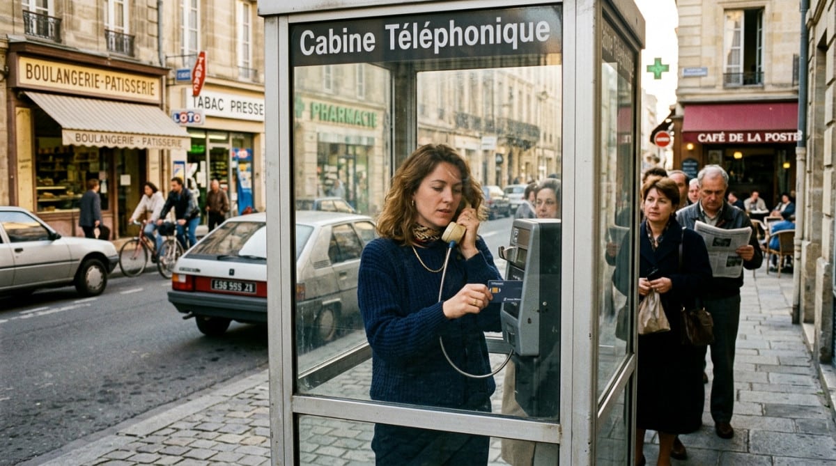 Femme utilisant une cabine téléphonique française années 90