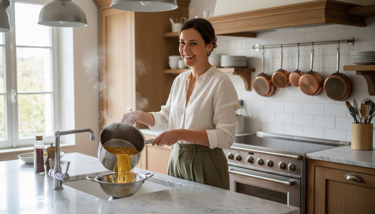 femme versant des pâtes sans taches sur la plaque