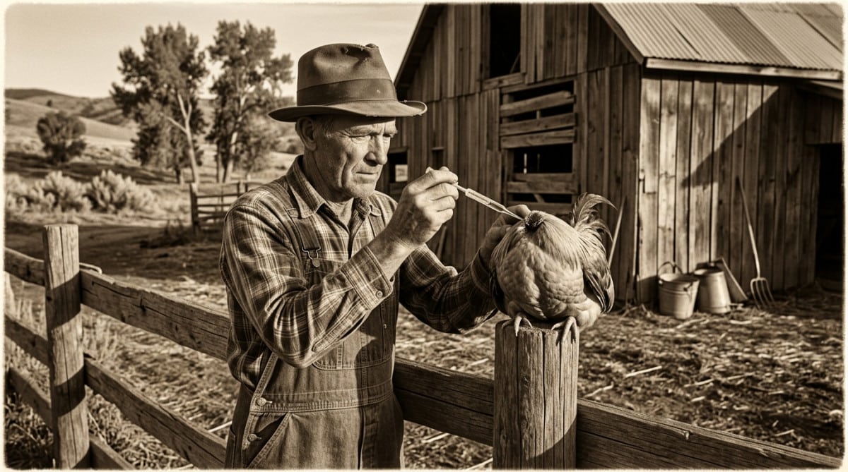 Fermier américain des années 1940 nourrissant Mike le coq sans tête