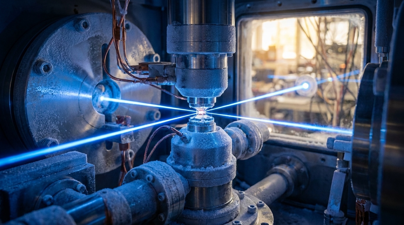 Chambre cryogénique avec faisceaux laser bleus et pièges à ions