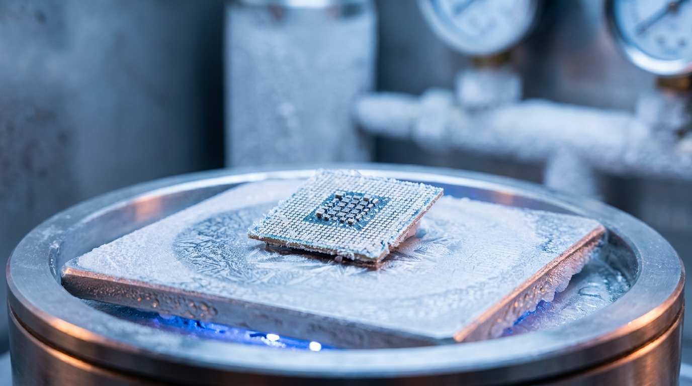 Micropuce recouverte de givre dans un environnement cryogénique
