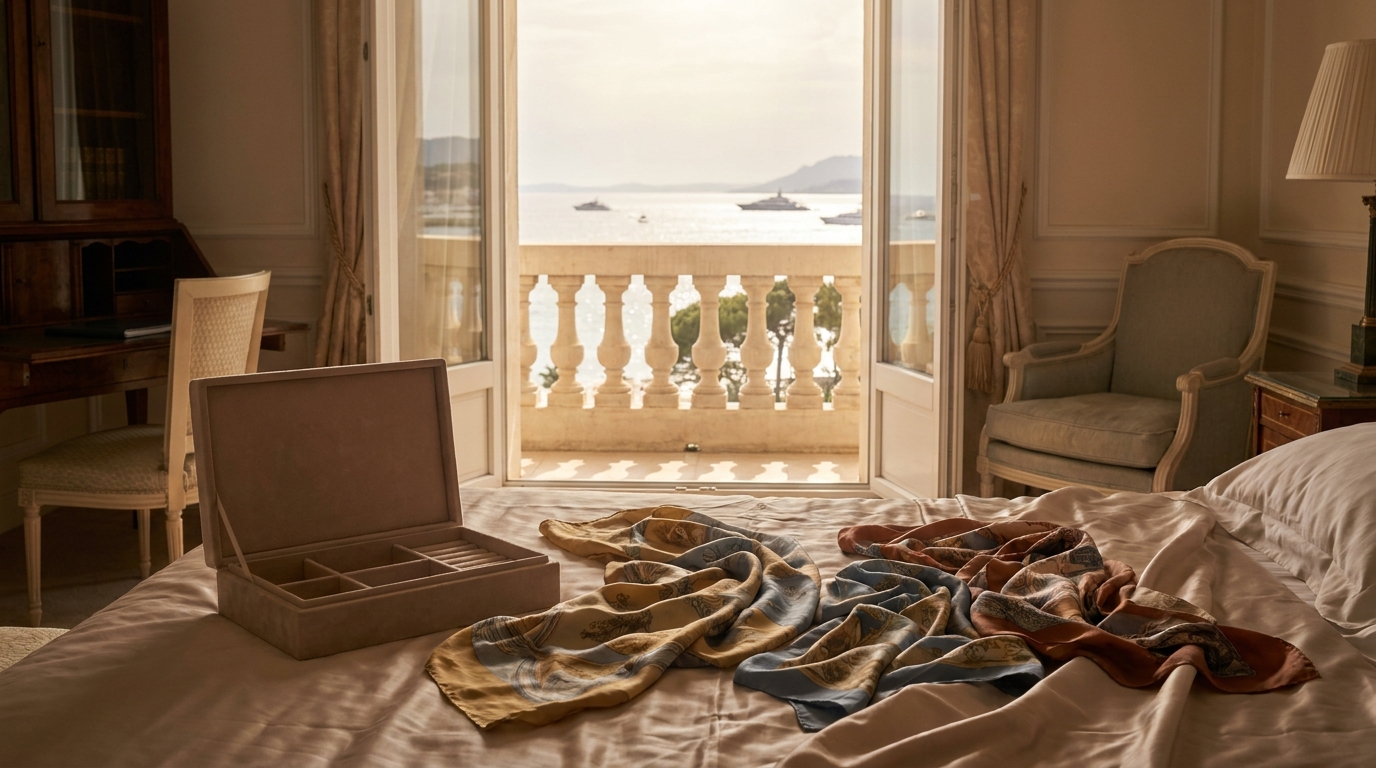 Chambre d'hôtel de luxe à Cannes avec coffret à bijoux ouvert