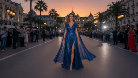 Femme élégante sur la Croisette de Cannes en soirée