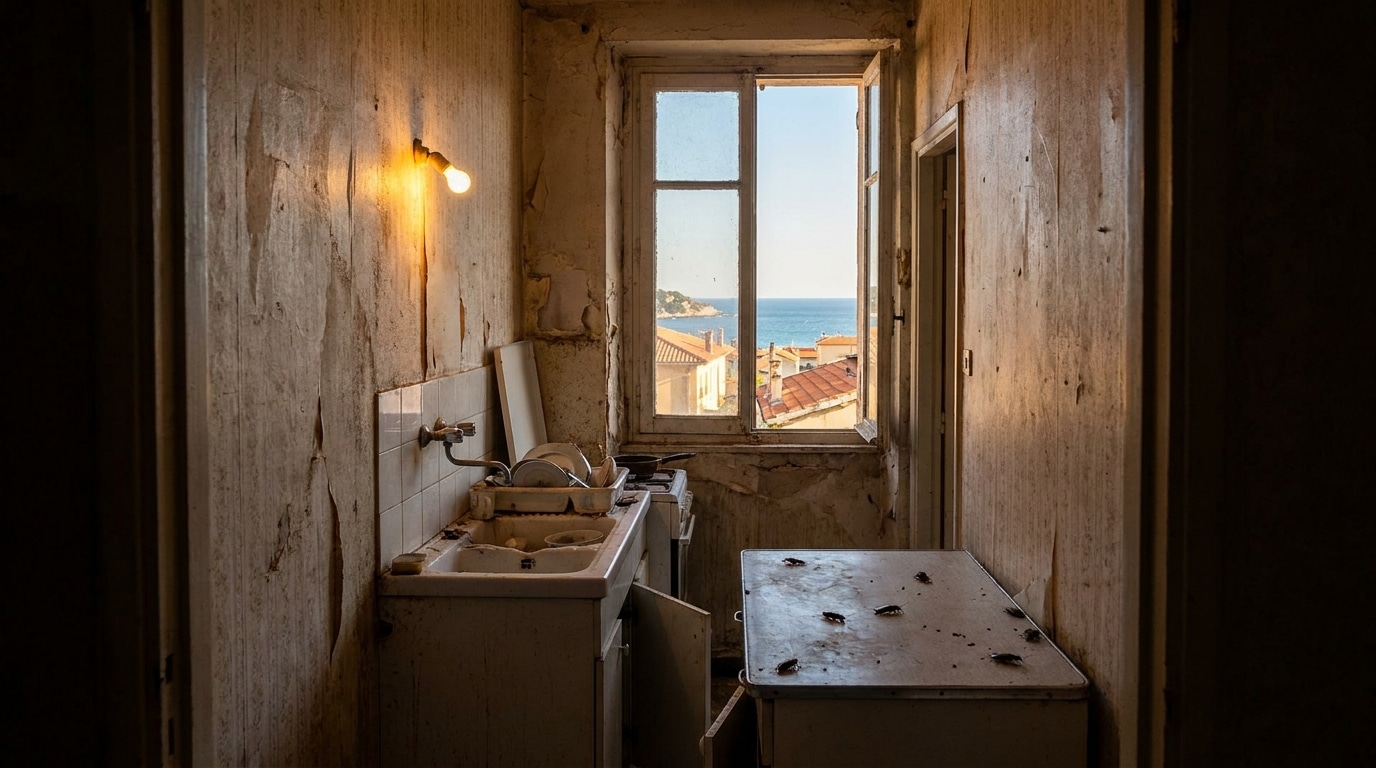 Intérieur délabré d'un appartement avec cafards et évier bouché