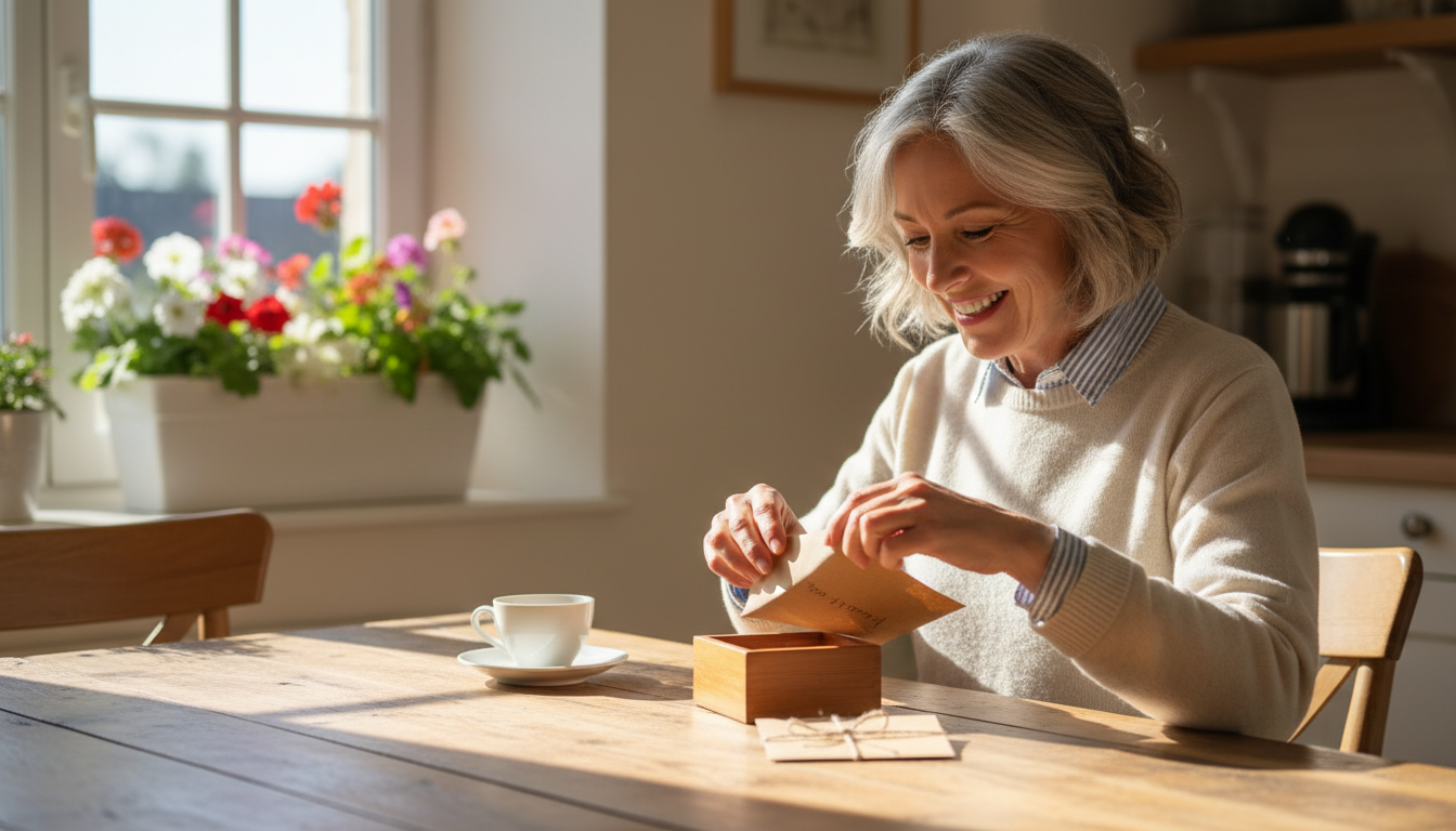 Femme ouvrant un cadeau fête des mères avec émotion